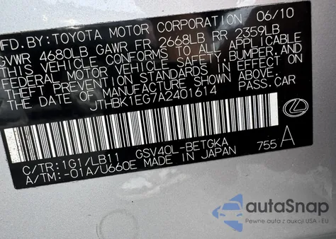 2010 Lexus Es 350 z USA, uszkodzony, nr VIN JTHBK1EG7A2401614